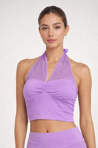 NWT Halara Purple Mesh Halter Bandeau Crop Top Ruched Front Size XL