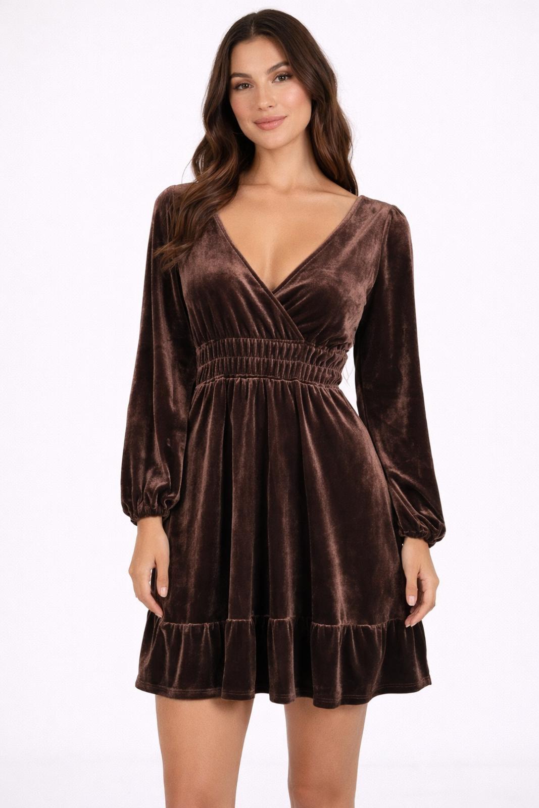 NWT Halara Brown Velvet Long Sleeve V-Neck Mini Dress Size XS