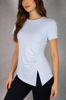 NWT Halara Ruched Side Slit Short Sleeve Top Light Blue Size XS