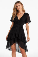 The Kooples Black Ruffle V-Neck High Low Dress 100% Viscose US Small NWT