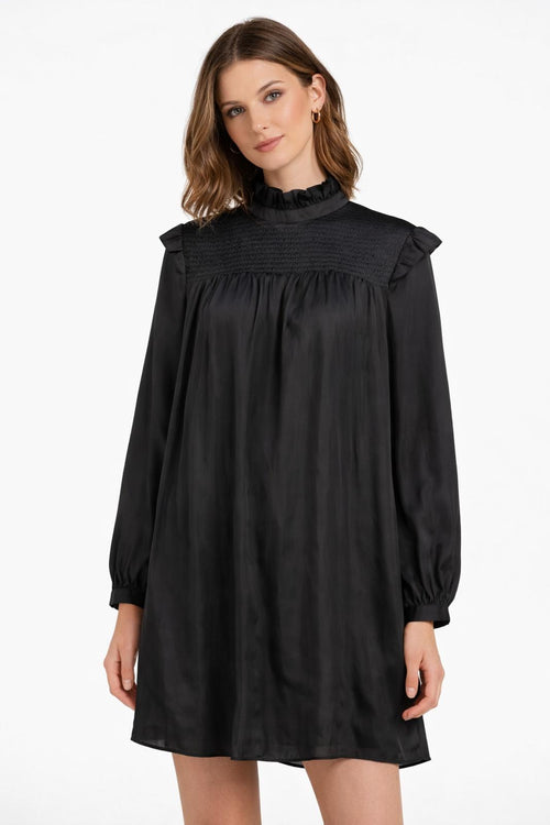 The Kooples Black Smocked High Neck Mini Dress Long Sleeve US Small NWT