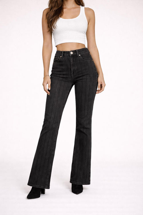 NWT RE/DONE Black Pinstripe Flare Jeans Womens Size 23 High Rise 33” Inseam $295
