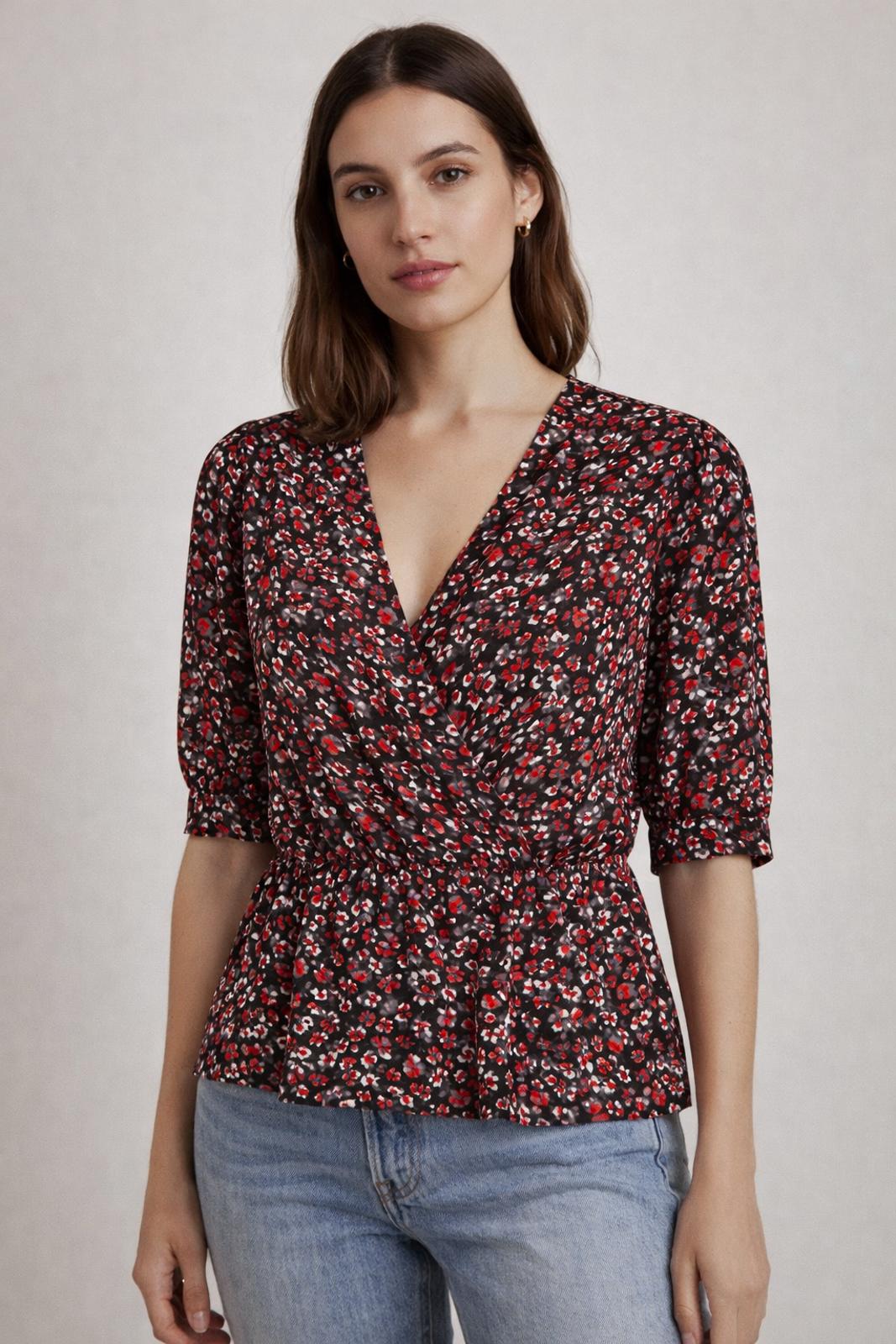 The Kooples Flowers Dot Wrap Peplum Blouse 100% Viscose US Small FR 1 NWT $220