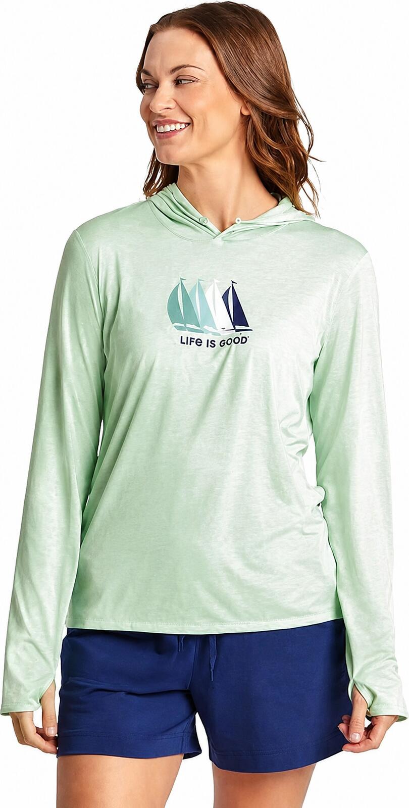 NWT Life is Good LIG Sailboats Hooded Active Tee Sage Green Medium