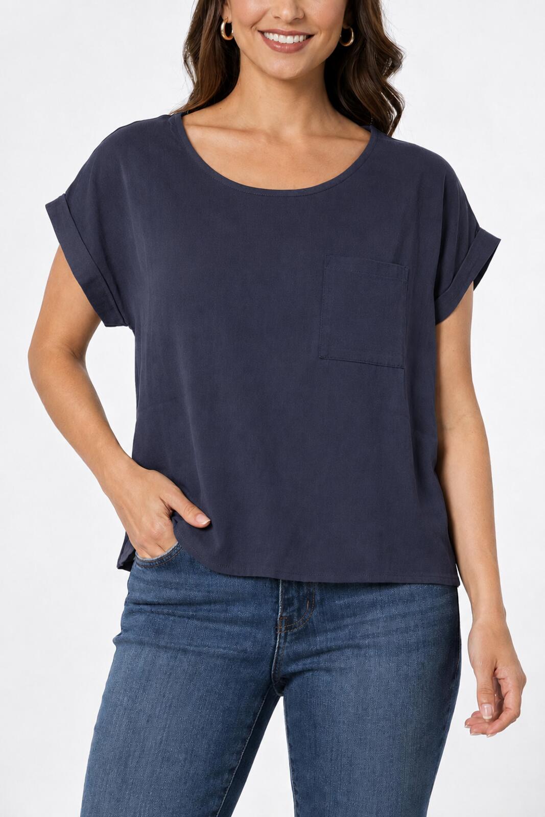NWT Six/Fifty Navy Blue Short Sleeve Pocket Back Blouse Size XS