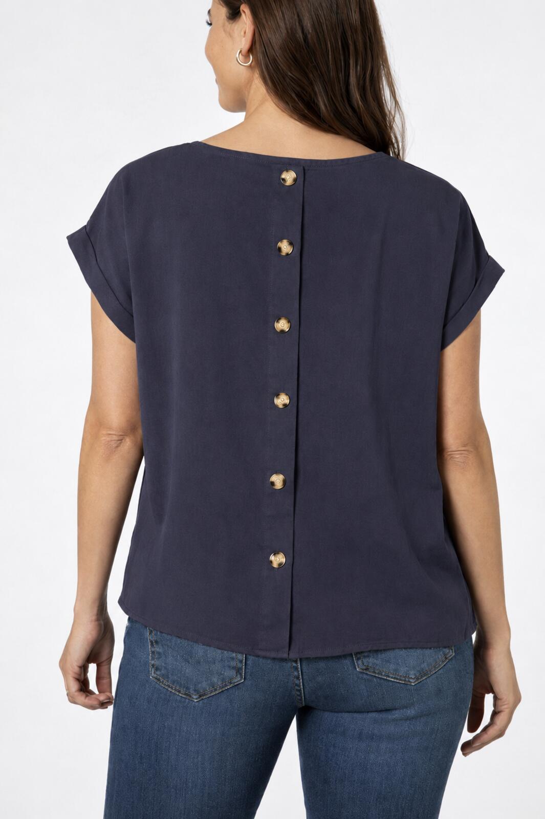 NWT Six/Fifty Navy Blue Short Sleeve Pocket Back Blouse Size Small