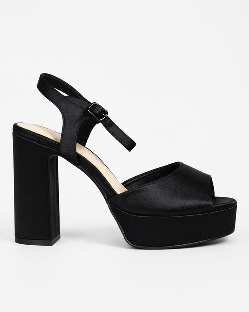 Halston Black Satin Platform Block Heel Sandals Ankle Strap Size 9 NWB