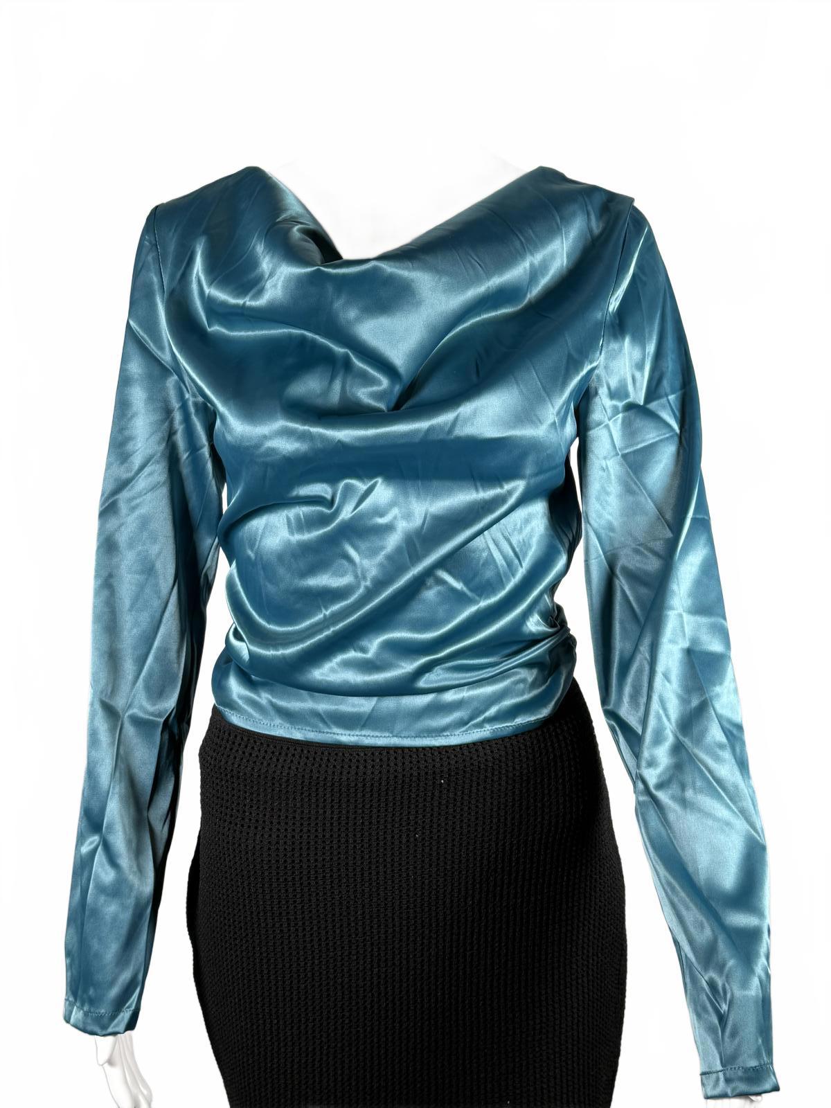 NWT Lulus Lovely Outing Teal Green Satin Cowl Neck Backless Tie Top Size Small