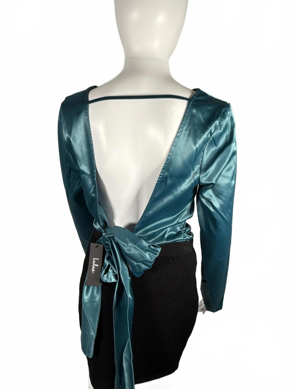 NWT Lulus Lovely Outing Teal Green Satin Cowl Neck Backless Tie Top Size Small