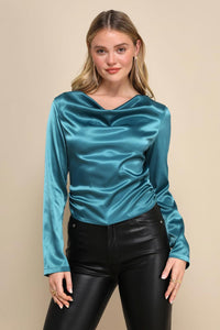 NWT Lulus Lovely Outing Teal Green Satin Cowl Neck Backless Tie Top Size Small