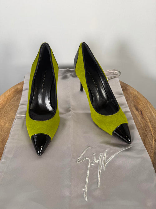 Giuseppe Zanotti Lime Green NWB Suede Black Patent Cap Toe Pointed Pumps Size 5