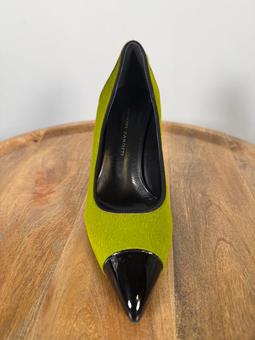 Giuseppe Zanotti Lime Green NWB Suede Black Patent Cap Toe Pointed Pumps Size 5