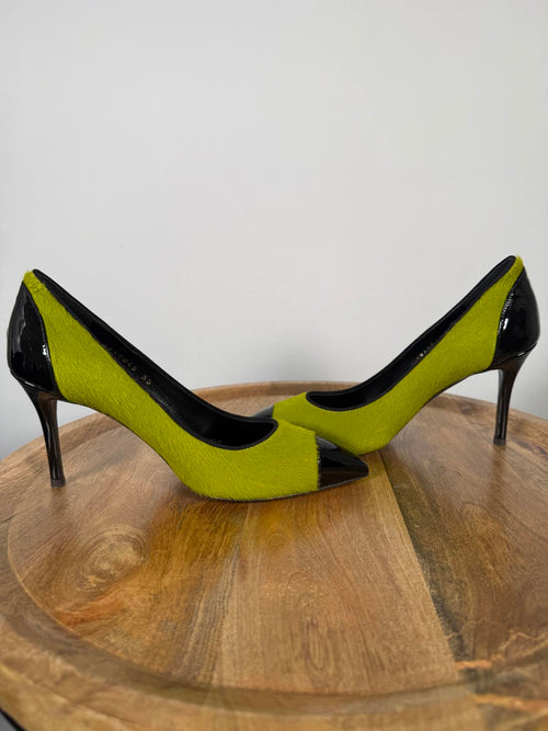 Giuseppe Zanotti Lime Green NWB Suede Black Patent Cap Toe Pointed Pumps Size 5