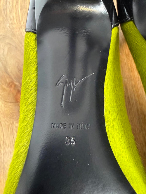 Giuseppe Zanotti Lime Green NWB Suede Black Patent Cap Toe Pointed Pumps Size 5