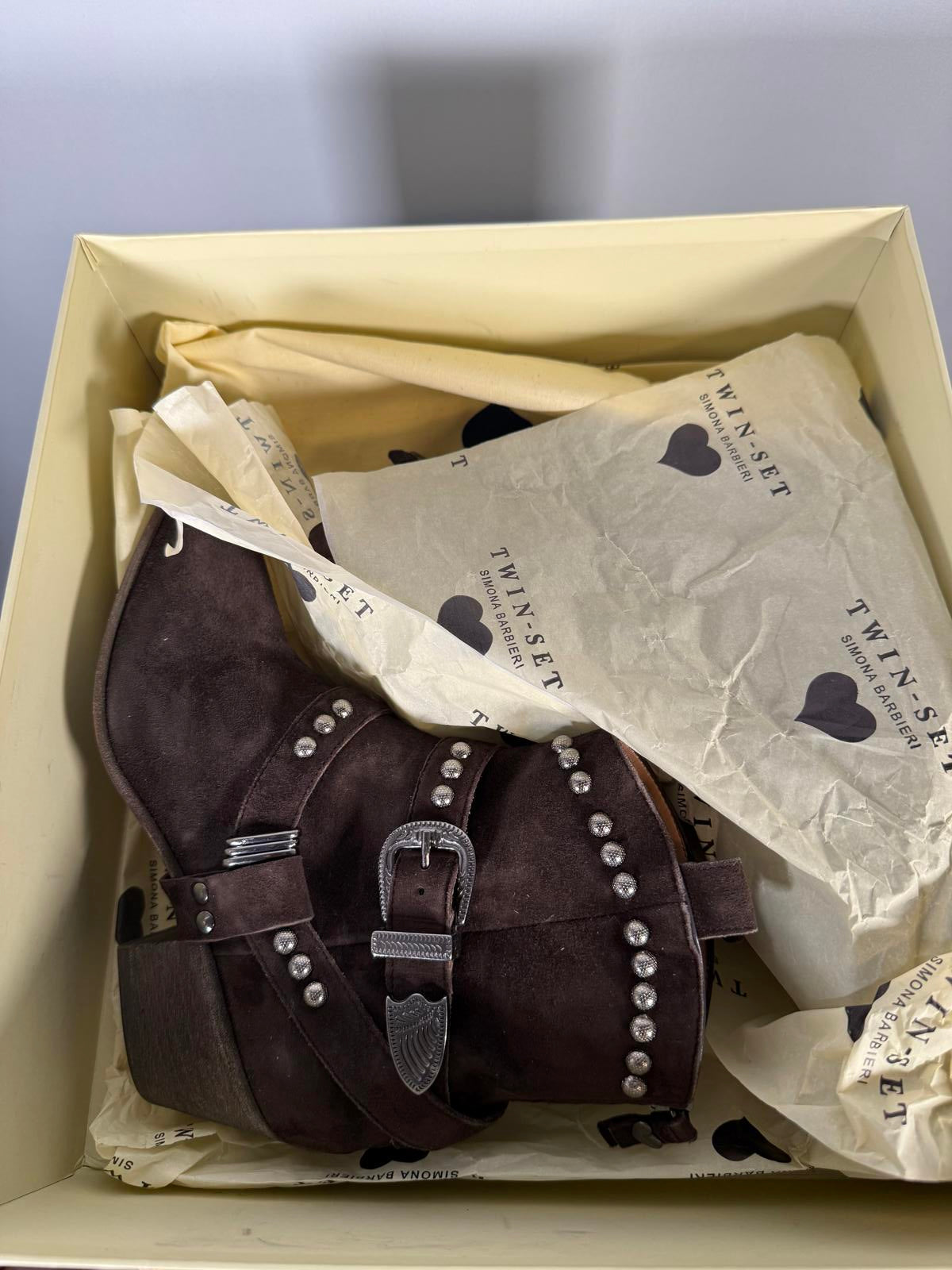 NWB Twin-Set TEXANO Dark Brown Suede Western Ankle Boots Size 5 Luxury Designer