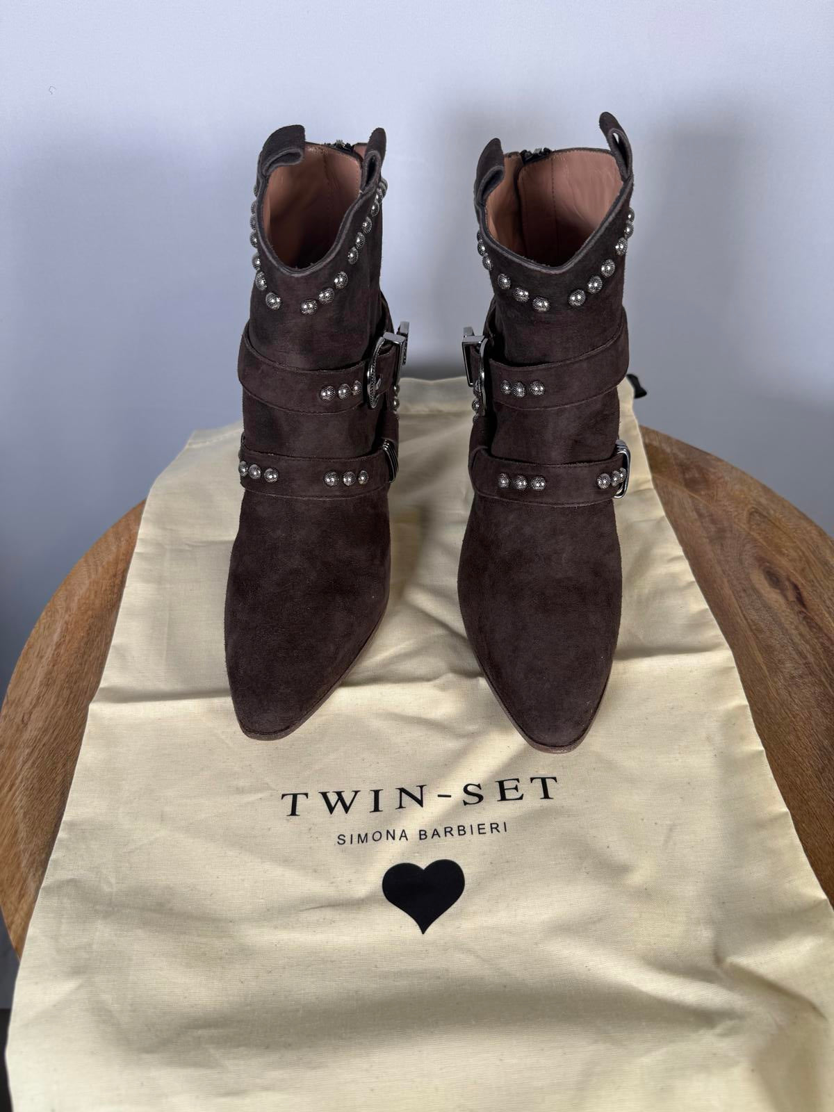 NWB Twin-Set TEXANO Dark Brown Suede Western Ankle Boots Size 5 Luxury Designer