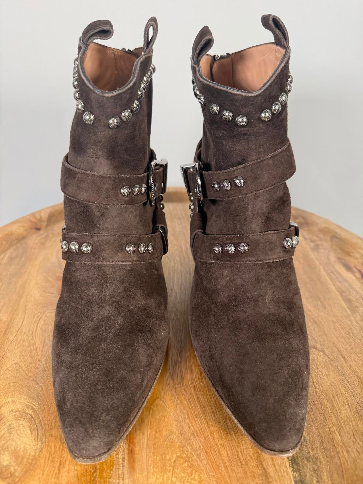 NWB Twin-Set TEXANO Dark Brown Suede Western Ankle Boots Size 5 Luxury Designer