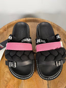NWB Tommy Jeans Black Pink Braided Strap Slide Sandals Women’s Designer Size 6