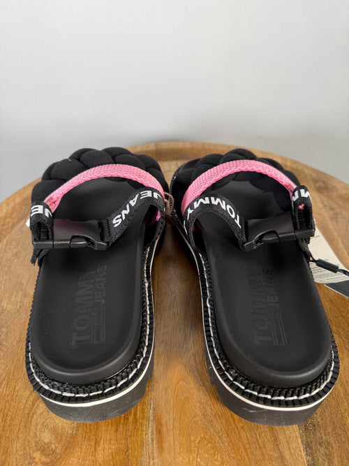 NWB Tommy Jeans Black Pink Braided Strap Slide Sandals Women’s Designer Size 6