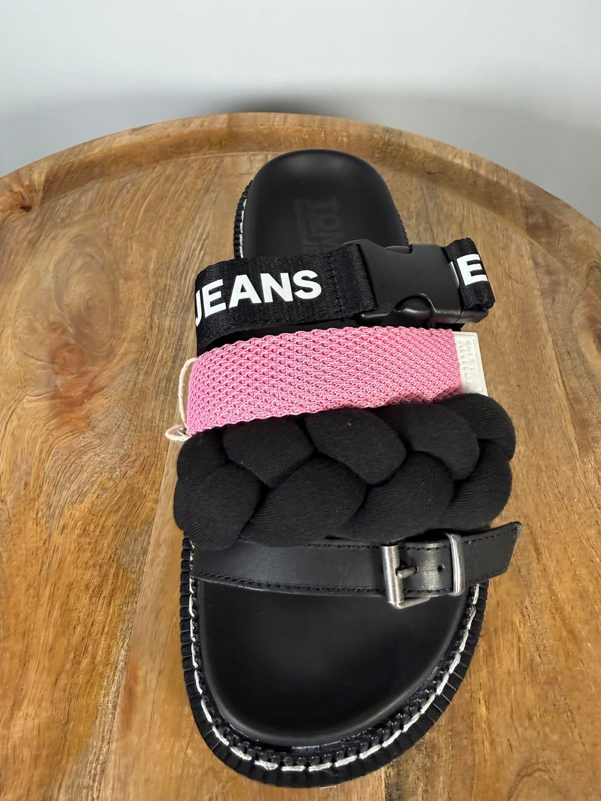 NWB Tommy Jeans Black Pink Braided Strap Slide Sandals Women’s Designer Size 6