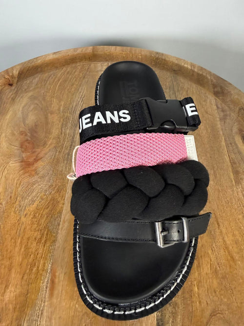 NWB Tommy Jeans Black Pink Braided Strap Slide Sandals Women’s Designer Size 6