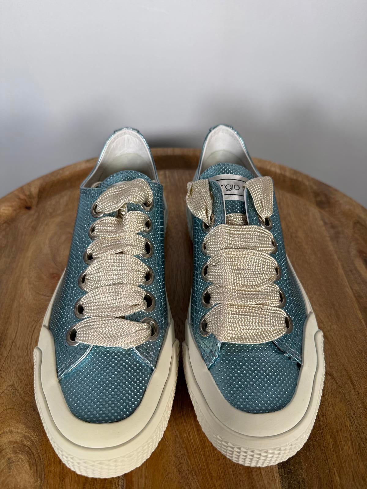 Sergio Rossi Metallic Blue Leather Sneakers EU 35 US 5 Lace Up Women’s NWB
