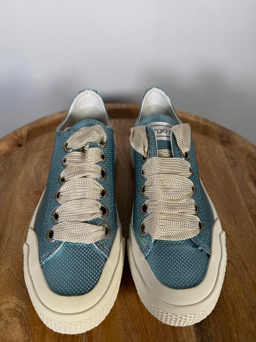 Sergio Rossi Metallic Blue Leather Sneakers EU 35 US 5 Lace Up Women’s NWB