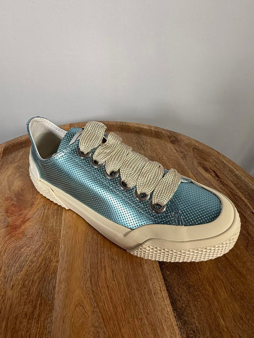 Sergio Rossi Metallic Blue Leather Sneakers EU 35 US 5 Lace Up Women’s NWB