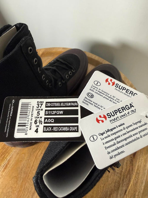 PAURA x Superga 2360 Cotsu Boots US 6.5 EU 37 Black Red Jellygum Zip Lace Up NWB