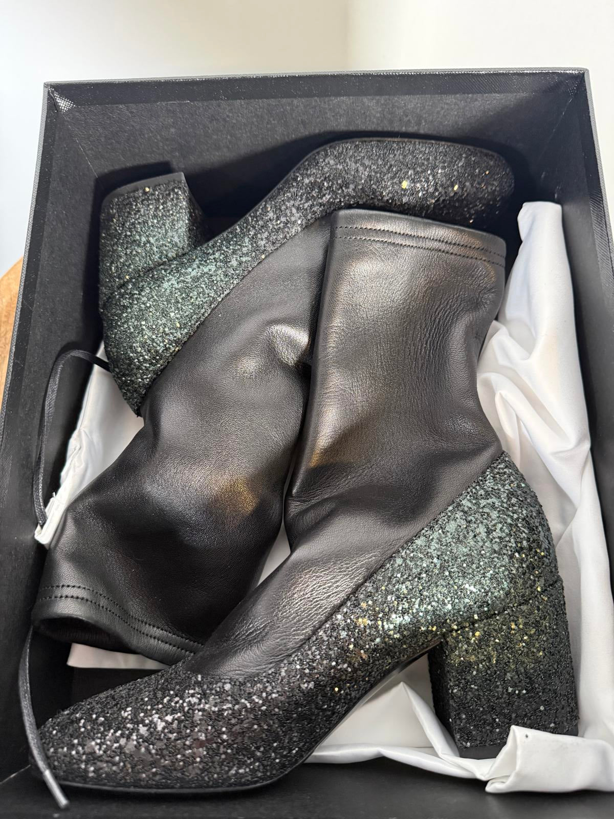 Premiata Sock Ankle Boots EU 35 US 5 Black Crystal Glitter Block Heel Womens NWB