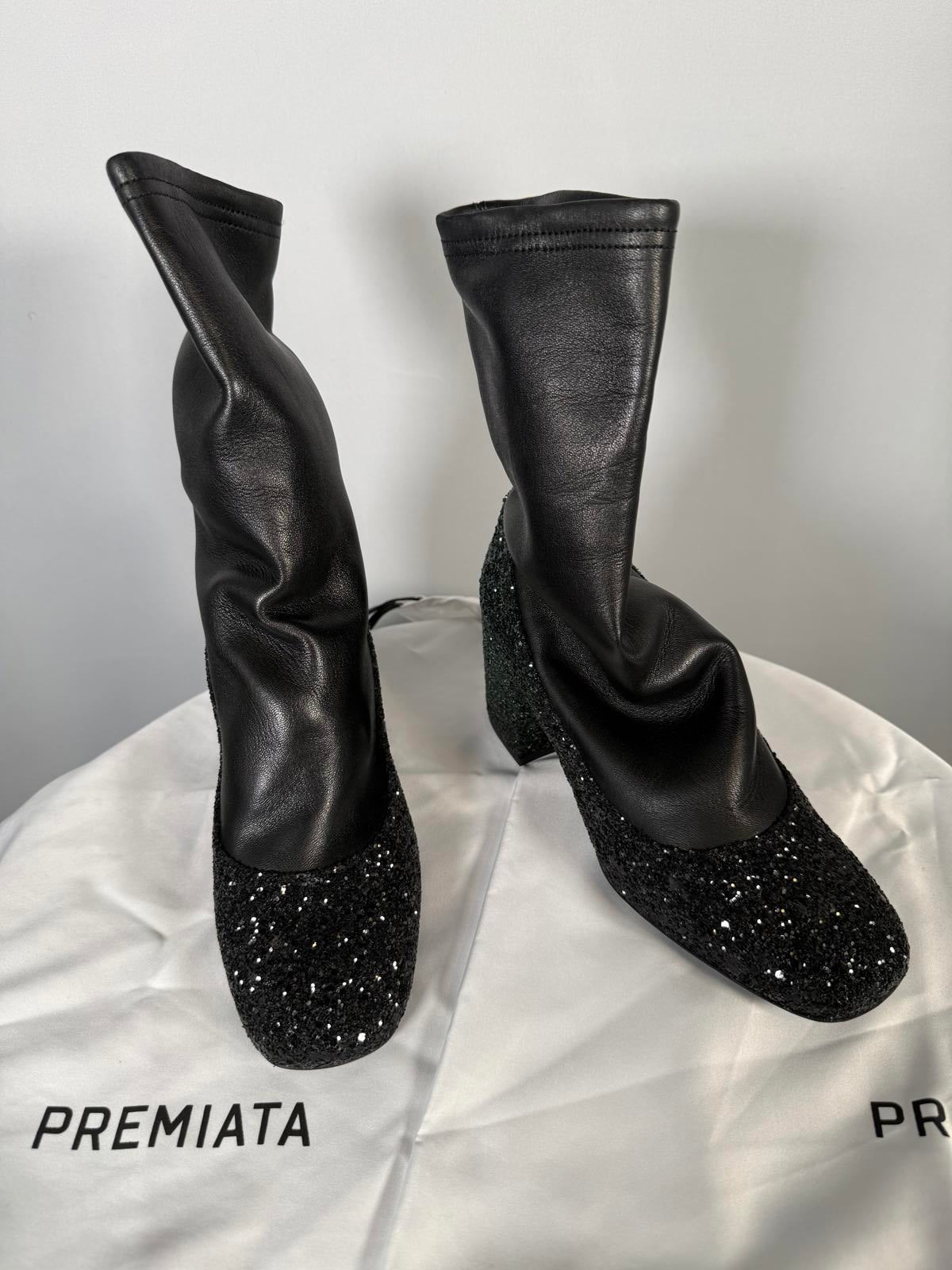 Premiata Sock Ankle Boots EU 35 US 5 Black Crystal Glitter Block Heel Womens NWB