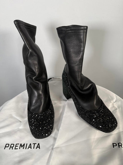 Premiata Sock Ankle Boots EU 35 US 5 Black Crystal Glitter Block Heel Womens NWB