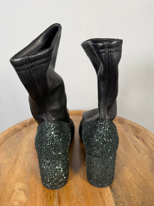 Premiata Sock Ankle Boots EU 35 US 5 Black Crystal Glitter Block Heel Womens NWB