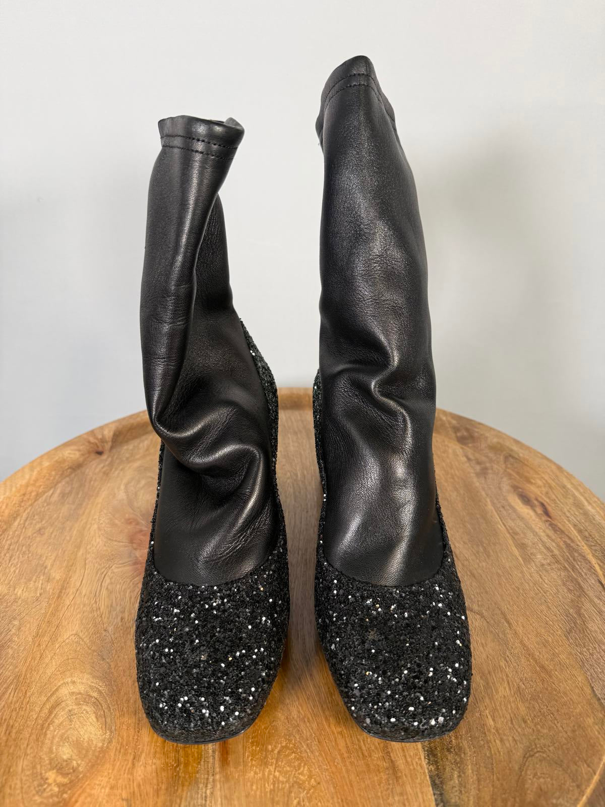 Premiata Sock Ankle Boots EU 35 US 5 Black Crystal Glitter Block Heel Womens NWB