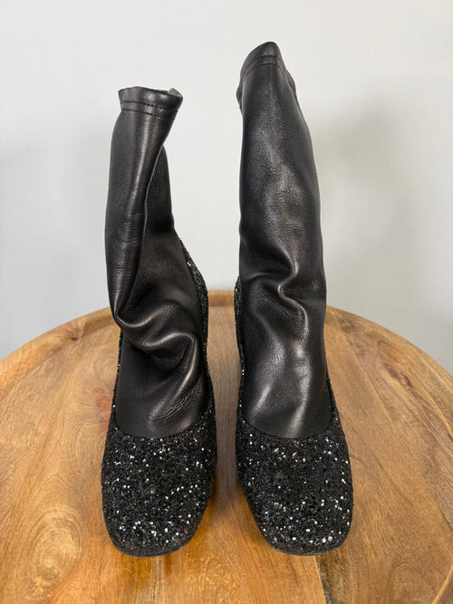 Premiata Sock Ankle Boots EU 35 US 5 Black Crystal Glitter Block Heel Womens NWB