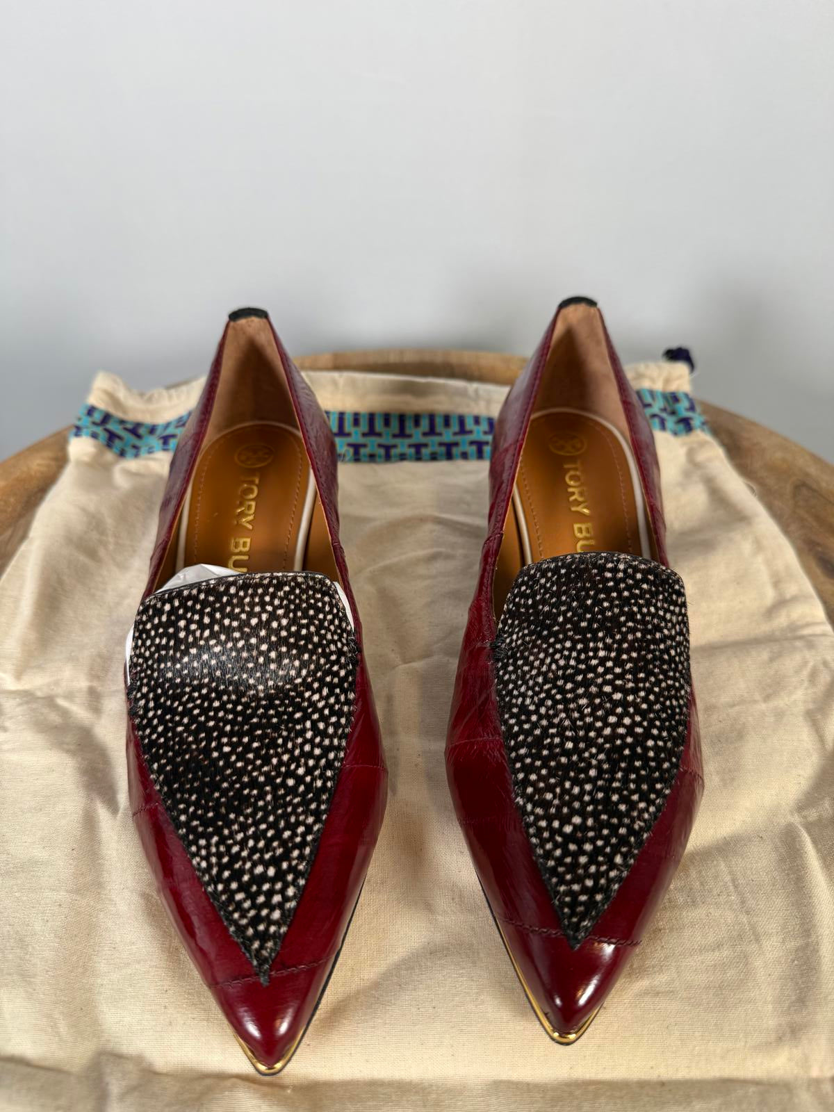 Tory Burch Lila Spotted Haircalf Loafers Burgundy Patent Leather US 5 Womens NWB