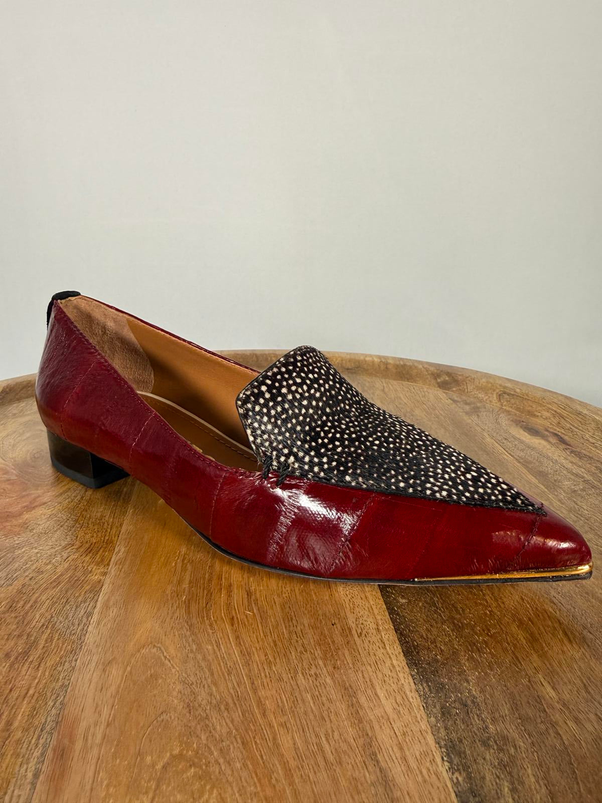 Tory Burch Lila Spotted Haircalf Loafers Burgundy Patent Leather US 5 Womens NWB
