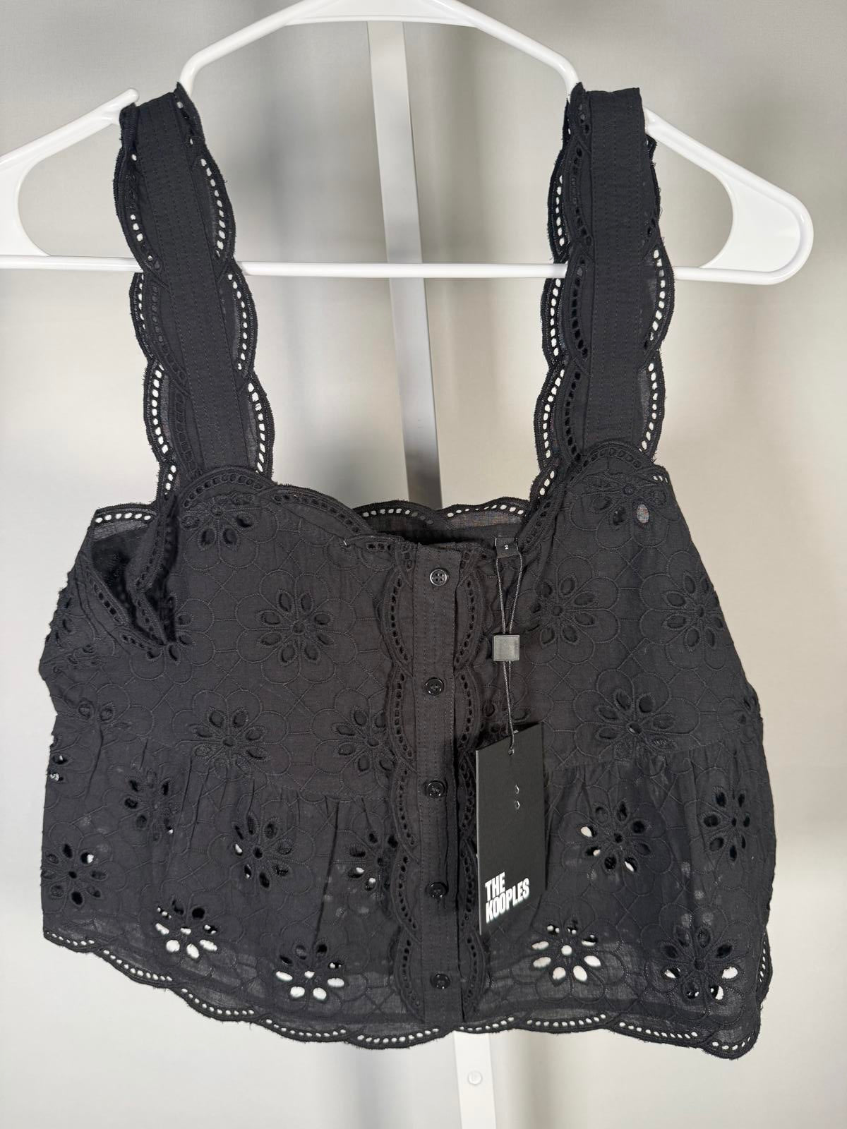 NWT The Kooples Black Embroidered Eyelet Peplum Tank FR 2 US Medium