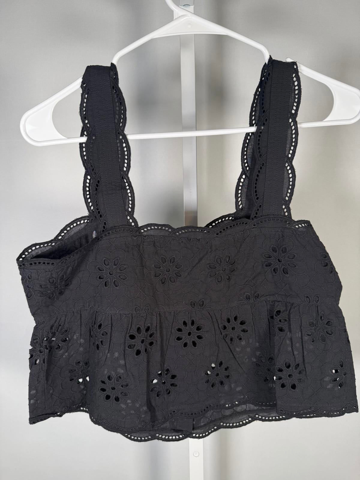 NWT The Kooples Black Embroidered Eyelet Peplum Tank FR 2 US Medium