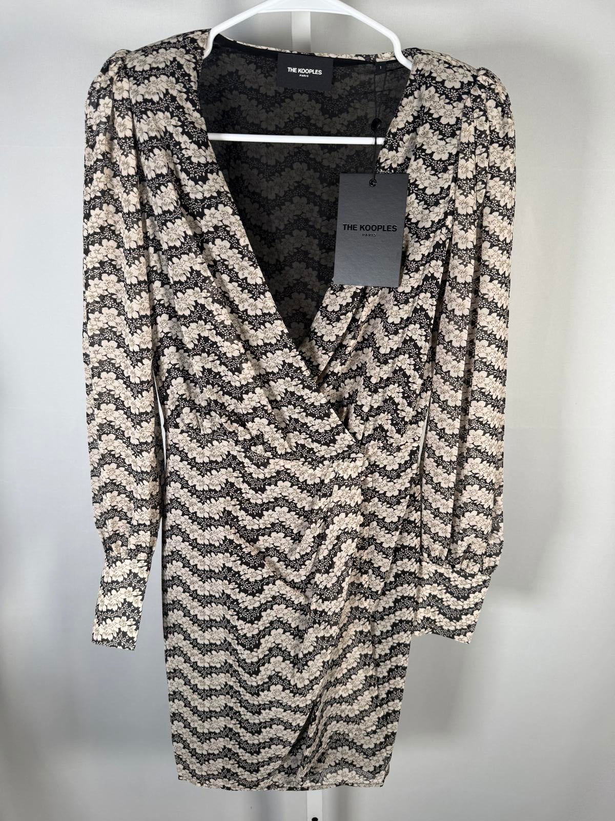 NWT The Kooples Jasmine Print Silk Wrap Dress Black Beige Floral Size 1 US XS-S