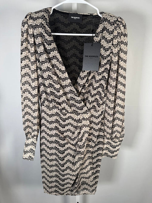 NWT The Kooples Jasmine Print Silk Wrap Dress Black Beige Floral Size 1 US XS-S