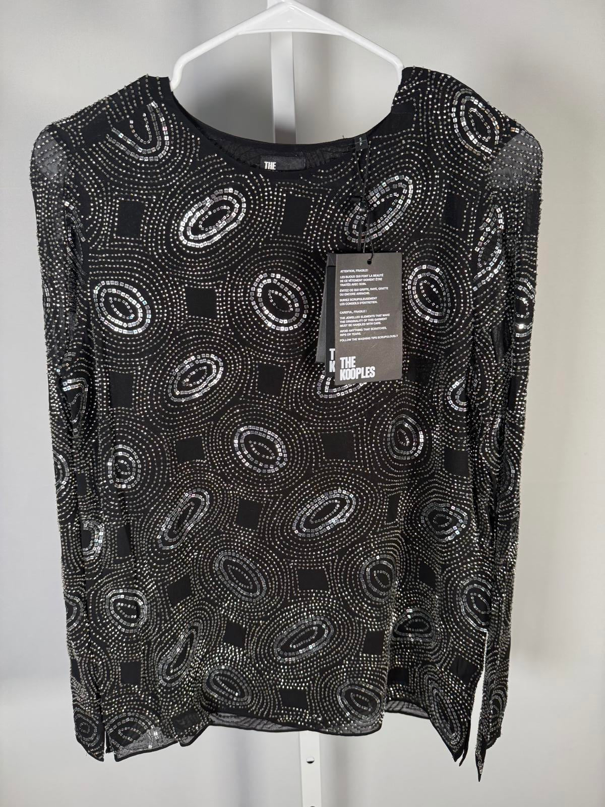 NWT The Kooples Galaxy Rhinestone Beaded Top Black Sheer Long Sleeve Size Small