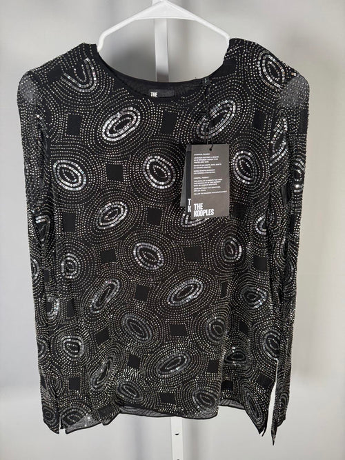 NWT The Kooples Galaxy Rhinestone Beaded Top Black Sheer Long Sleeve Size Small