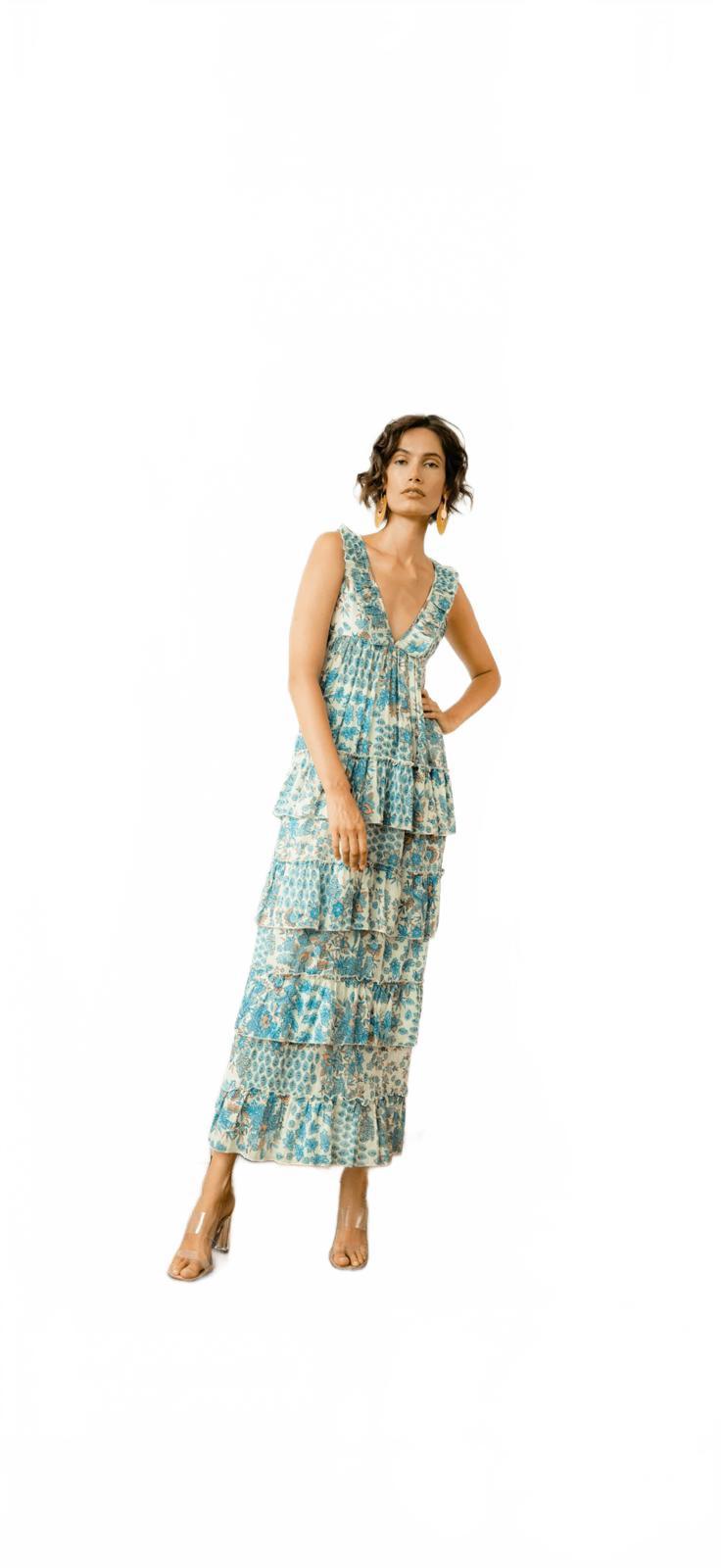 NWT Guadalupe Kiliman Blue Floral Tiered V-Neck Maxi Dress Size Small