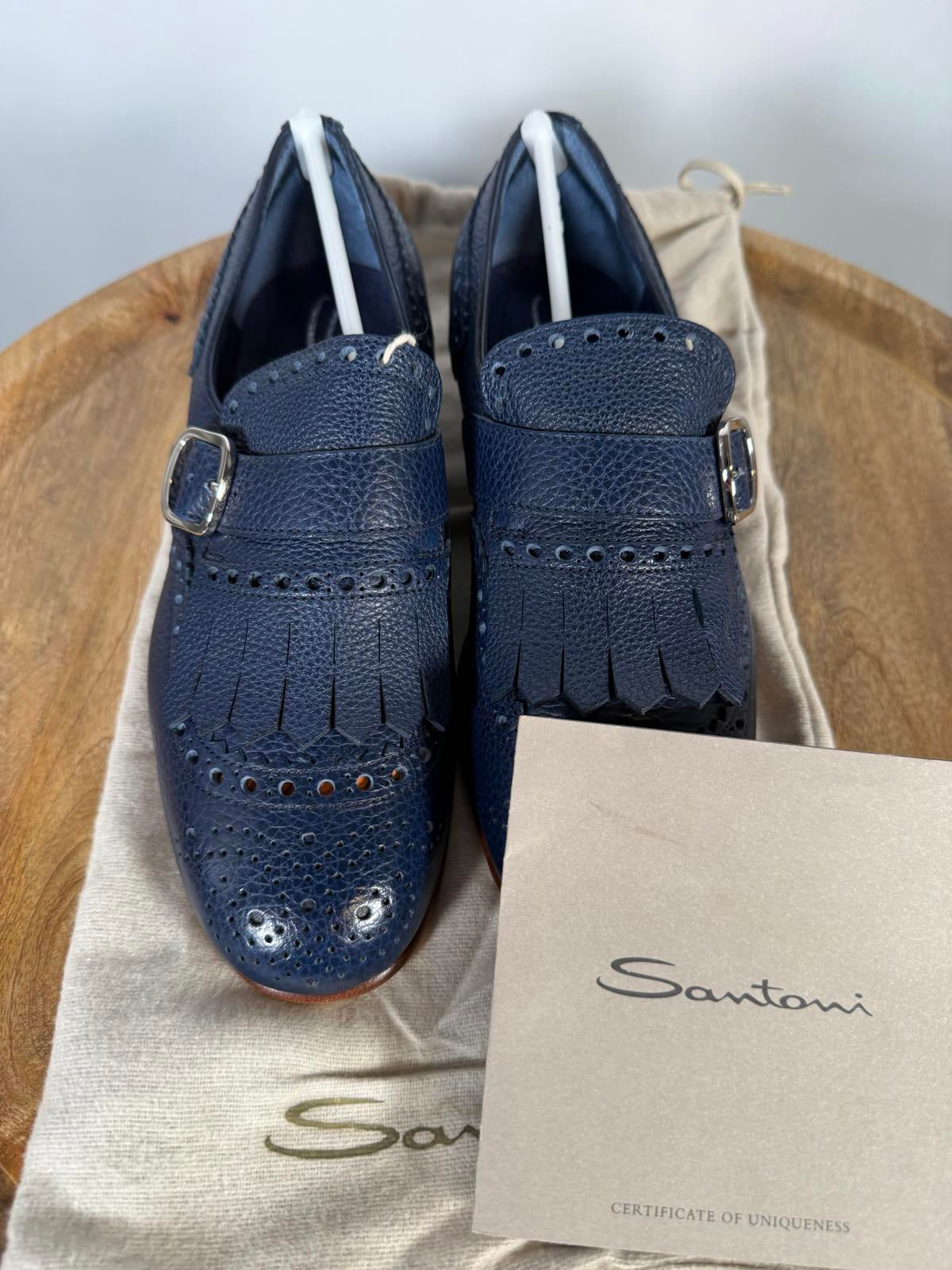Santoni Women’s NWB Navy Leather Monk Strap Brogue Loafers EU 35 US 5