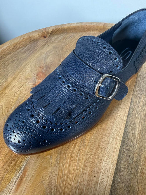 Santoni Women’s NWB Navy Leather Monk Strap Brogue Loafers EU 35 US 5