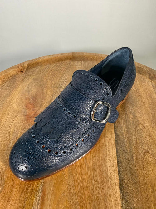 Santoni Women’s NWB Navy Leather Monk Strap Brogue Loafers EU 35 US 5