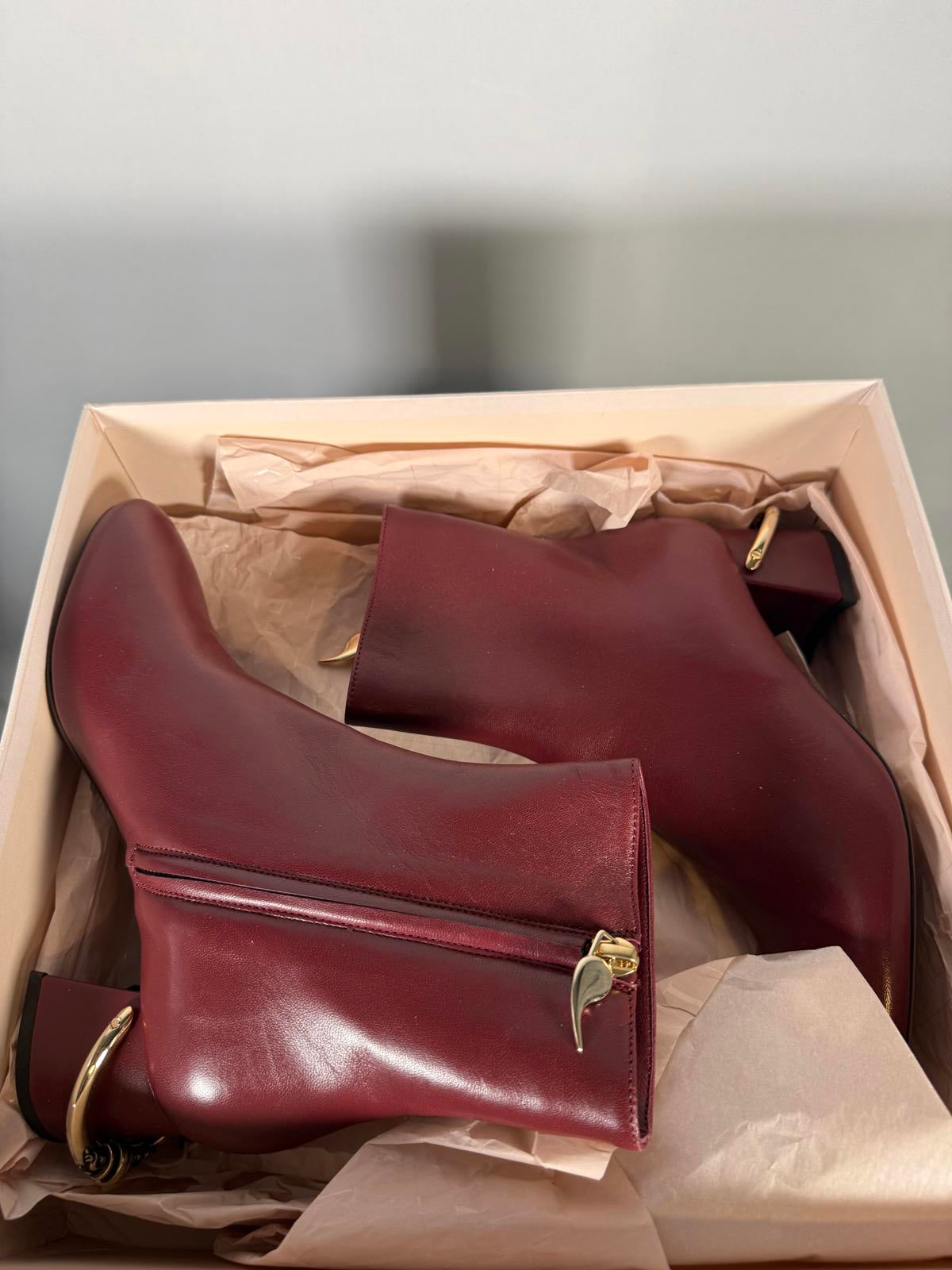 L’Autre Chose Burgundy Leather Ankle Boot Block Heel US 5 Made in Italy NWB