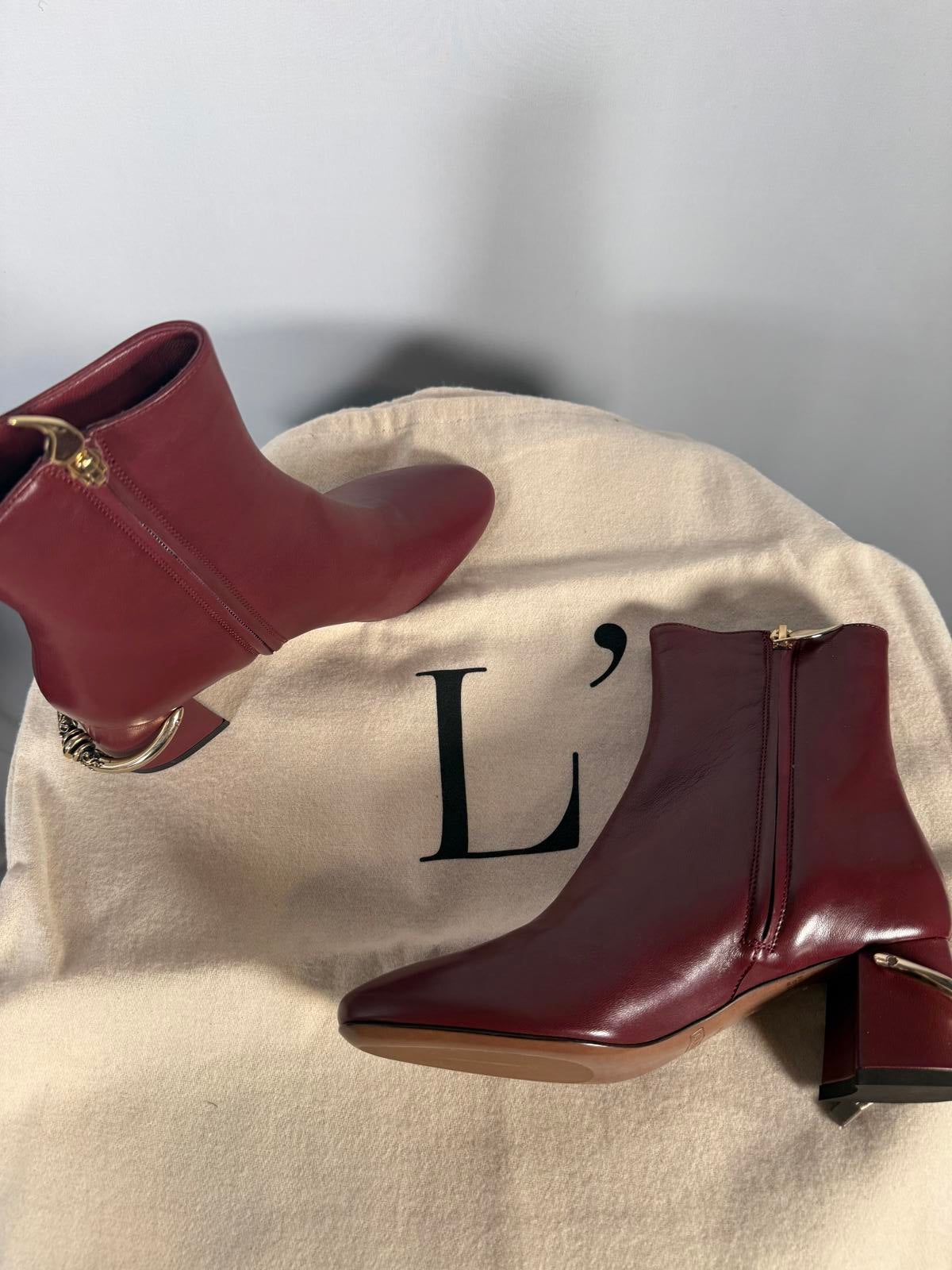 L’Autre Chose Burgundy Leather Ankle Boot Block Heel US 5 Made in Italy NWB