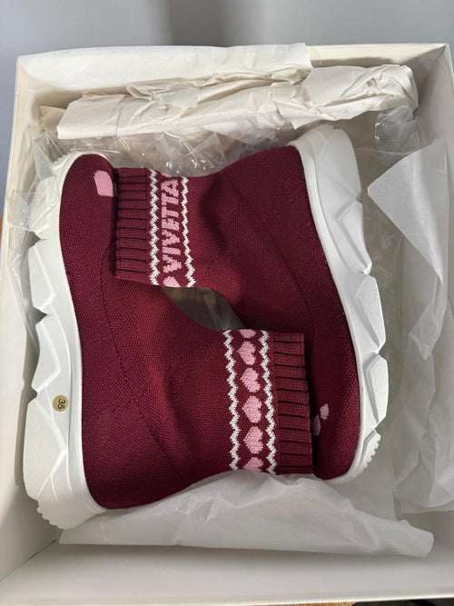 VIVETTA Knit Sock Boots Burgundy Pink Heart EU 35 US 5 Made in Italy NWB